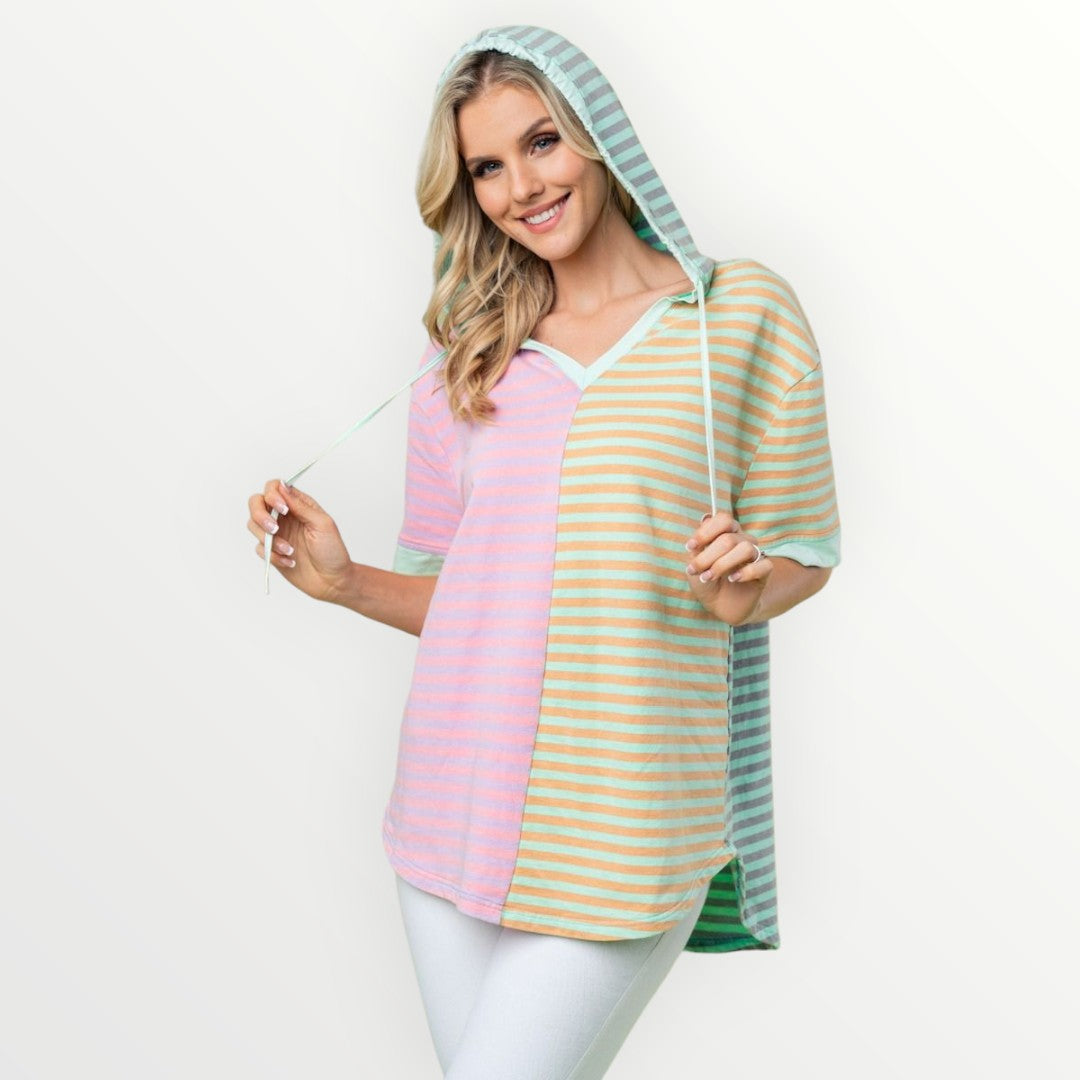 Striped Knit Hooded Pullover by White Birch - Sage/Pink - Plus/Regular-Sweater-White Birch-LouisGeorge Boutique, Women’s Fashion Boutique Located in Trussville, Alabama