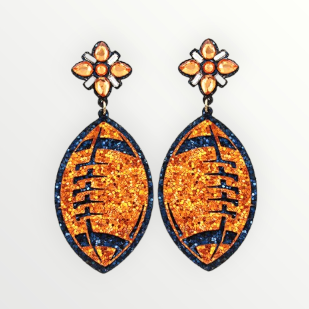 Luxe Orange & Navy Football Glitter Earrings-Earrings-LouisGeorge Boutique-LouisGeorge Boutique, Women’s Fashion Boutique Located in Trussville, Alabama