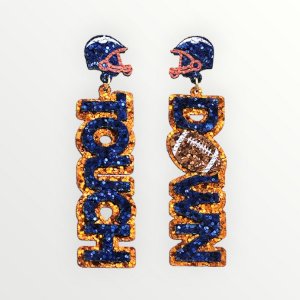 Orange & Navy Touchdown Glitter Earrings-Earrings-LouisGeorge Boutique-LouisGeorge Boutique, Women’s Fashion Boutique Located in Trussville, Alabama