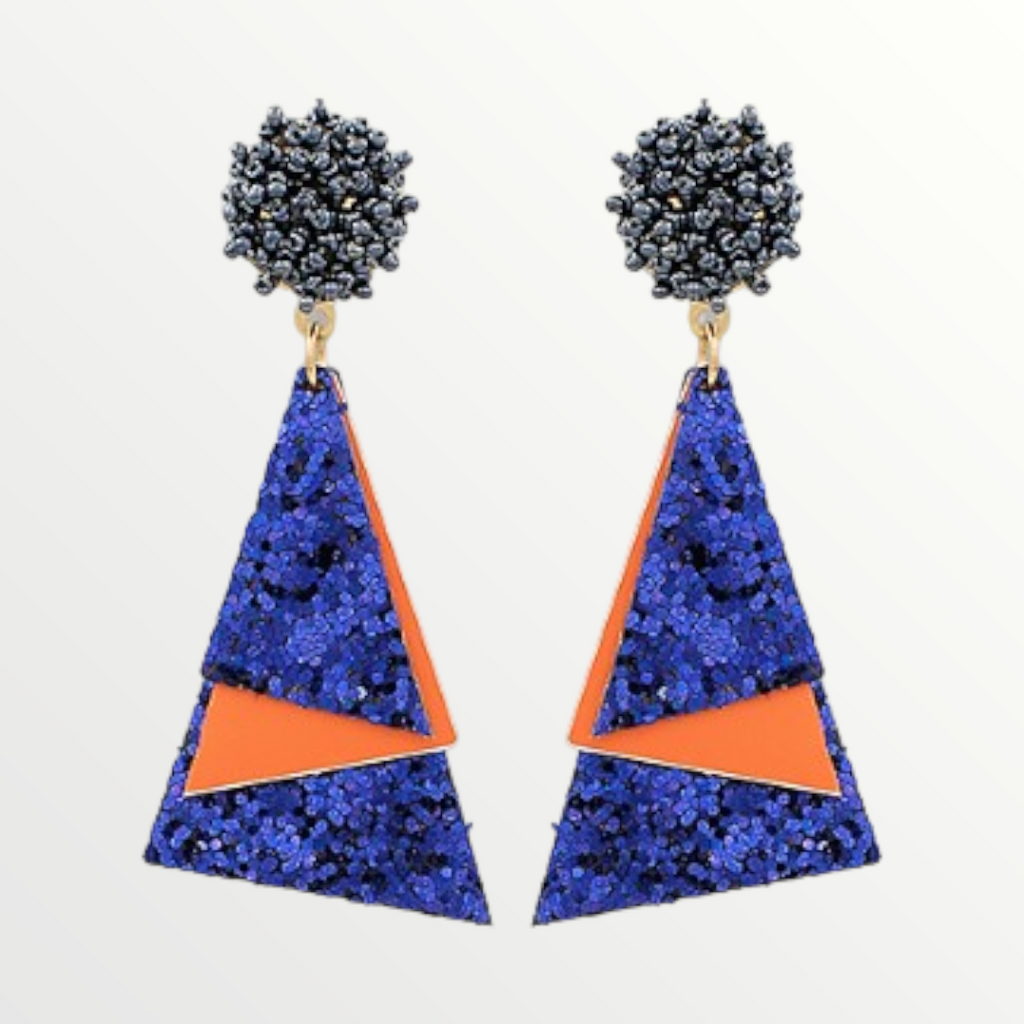 Orange & Navy Glitter Triangle Beaded Pompom Earrings-Earrings-LouisGeorge Boutique-LouisGeorge Boutique, Women’s Fashion Boutique Located in Trussville, Alabama