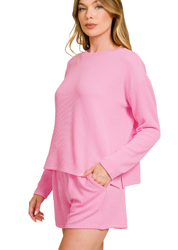 Raised Rib Long Sleeve Tee & Shorts Set - Pink - Plus/Regular-Apparel-Zenana-LouisGeorge Boutique, Women’s Fashion Boutique Located in Trussville, Alabama