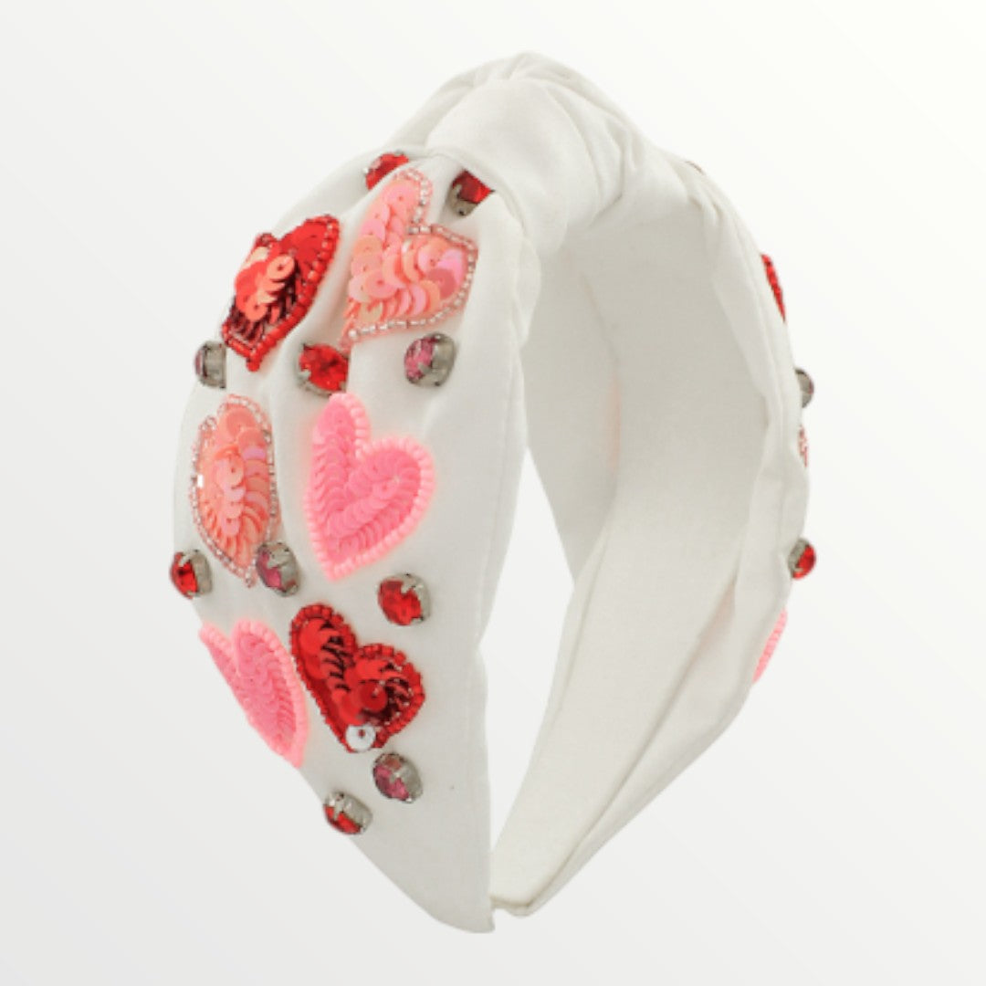 Pink & Red Sequin Hearts Embellished Headband - White-Headband-LouisGeorge Boutique-LouisGeorge Boutique, Women’s Fashion Boutique Located in Trussville, Alabama