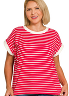 Contrast Trim Cap Sleeve Striped Tee - Ruby - Plus & Reg-Apparel-Zenana-LouisGeorge Boutique, Women’s Fashion Boutique Located in Trussville, Alabama