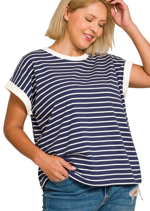 Contrast Trim Cap Sleeve Striped Tee - Navy - Plus & Reg-Apparel-Zenana-LouisGeorge Boutique, Women’s Fashion Boutique Located in Trussville, Alabama