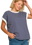 Contrast Trim Cap Sleeve Striped Tee - Navy - Plus & Reg-Apparel-Zenana-LouisGeorge Boutique, Women’s Fashion Boutique Located in Trussville, Alabama