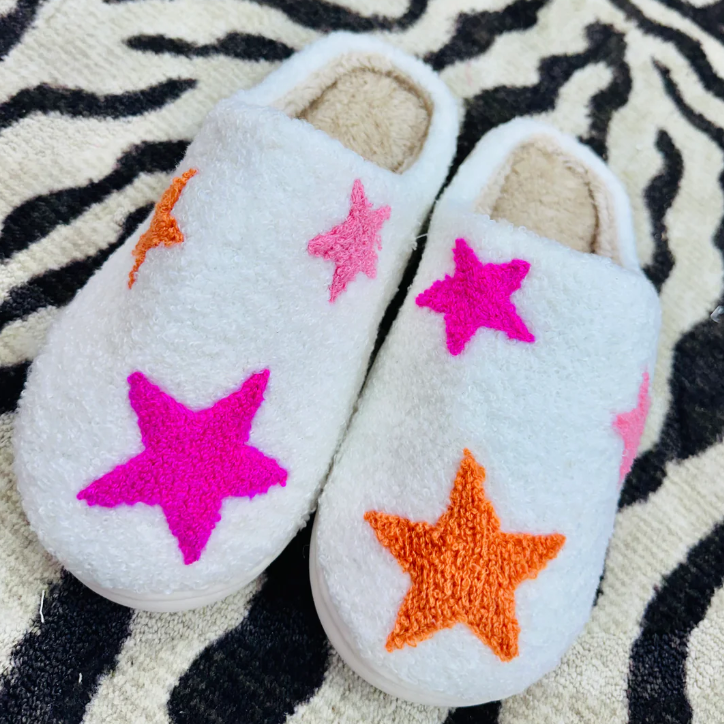 Cozy Toes Slippers - Pink & Orange Stars-Slippers-LouisGeorge Boutique-LouisGeorge Boutique, Women’s Fashion Boutique Located in Trussville, Alabama