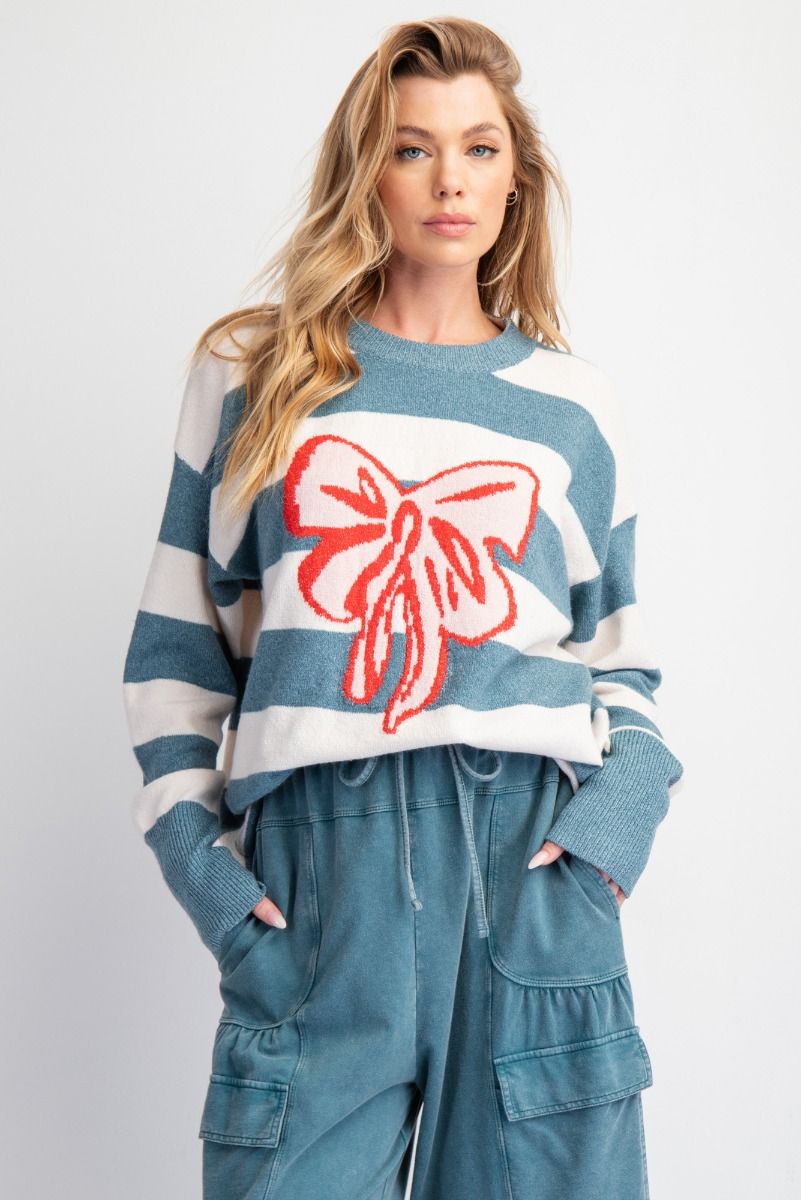 Striped Ribbon Knit Sweater by Easel - Teal-Apparel-Easel-LouisGeorge Boutique, Women’s Fashion Boutique Located in Trussville, Alabama