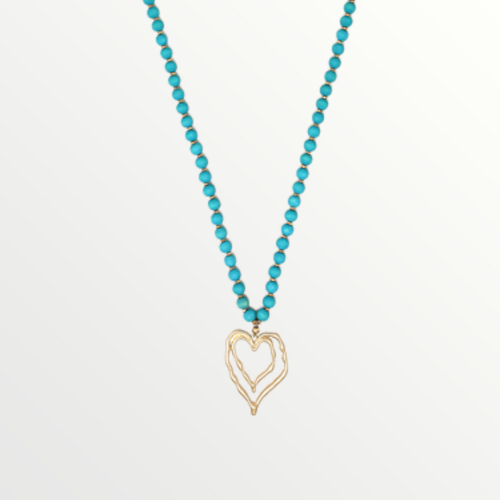 Turquoise & Worn Gold Double Heart Beaded Necklace-Necklace-LouisGeorge Boutique-LouisGeorge Boutique, Women’s Fashion Boutique Located in Trussville, Alabama