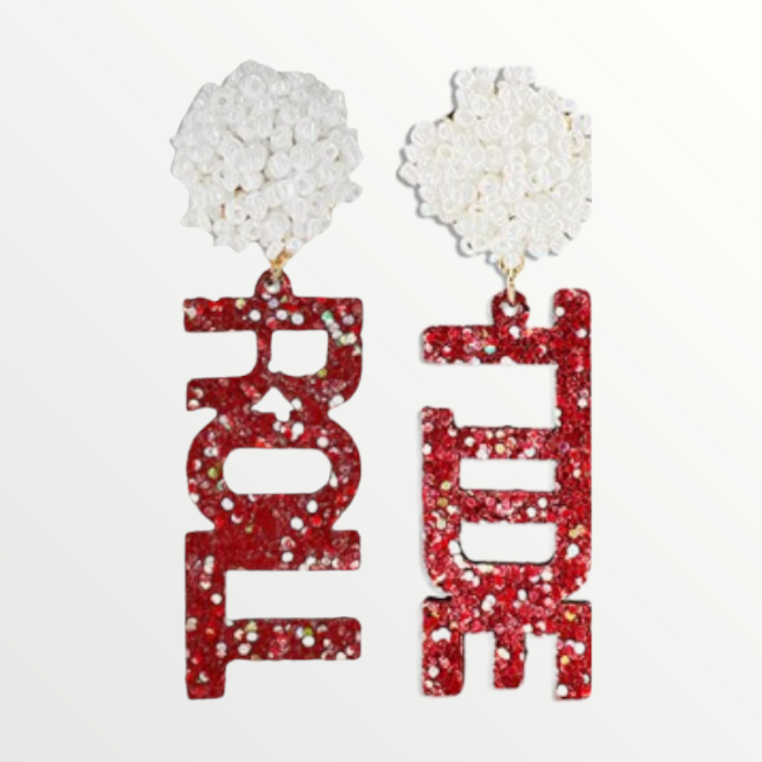 Red & White Beaded Pompom Glitter Roll Tide Earrings-Earrings-LouisGeorge Boutique-LouisGeorge Boutique, Women’s Fashion Boutique Located in Trussville, Alabama