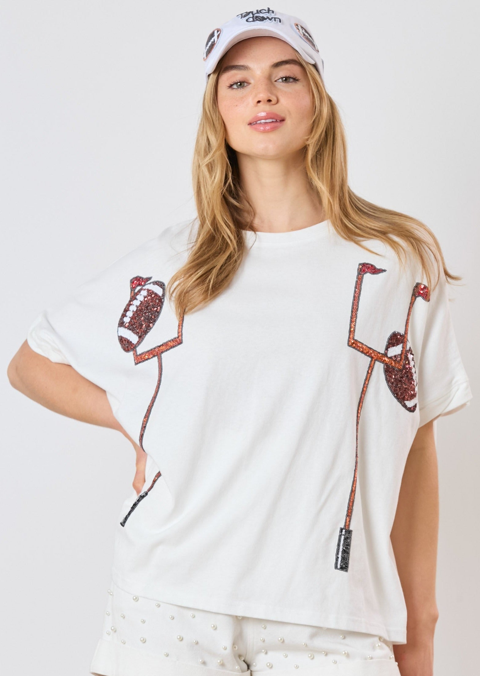 White Sequin Football Goal Post Oversized Tee-Apparel-Fantastic Fawn-LouisGeorge Boutique, Women’s Fashion Boutique Located in Trussville, Alabama