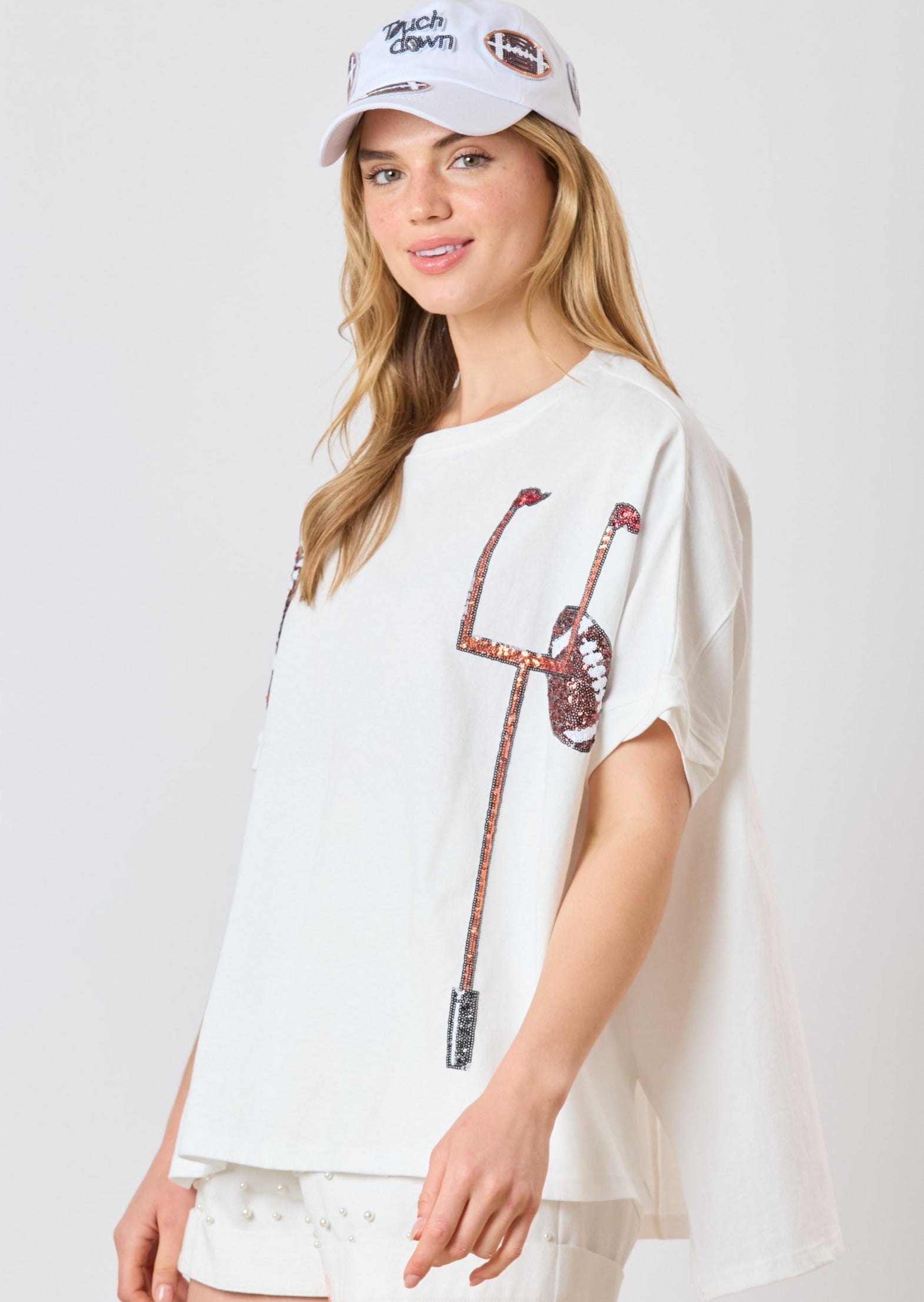 White Sequin Football Goal Post Oversized Tee-Apparel-Fantastic Fawn-LouisGeorge Boutique, Women’s Fashion Boutique Located in Trussville, Alabama