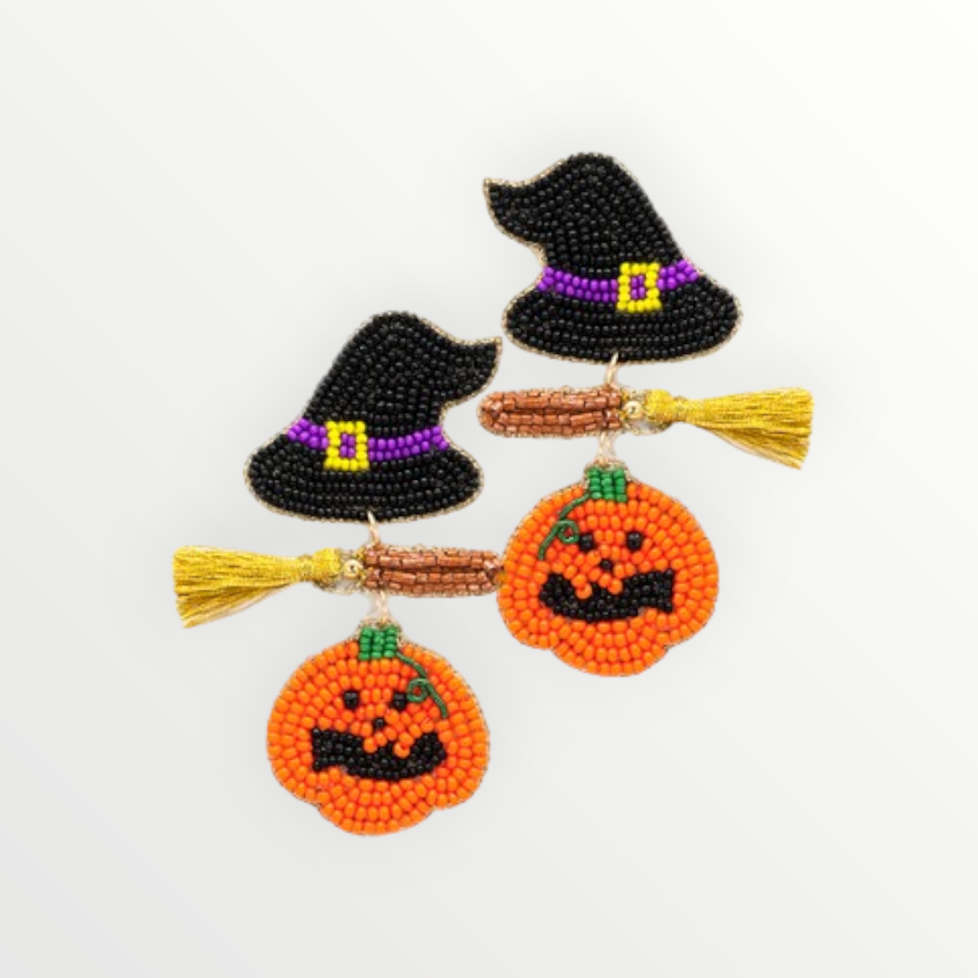 Witch Broom & Pumpkin Beaded Earrings-Earrings-LouisGeorge Boutique-LouisGeorge Boutique, Women’s Fashion Boutique Located in Trussville, Alabama