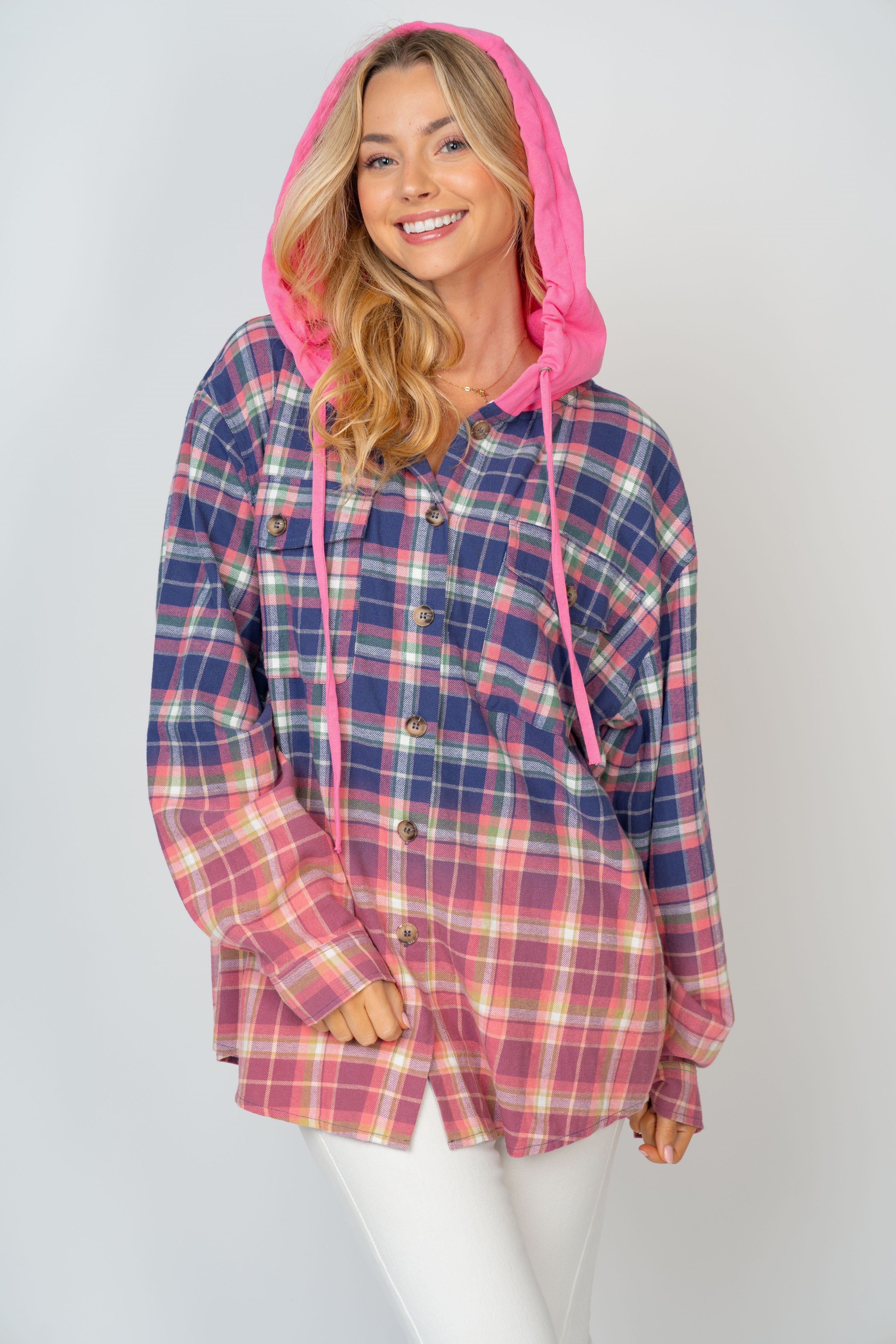 Washed Plaid Button Down Top with Hood - Plus/Regular - Denim Pink-Sweater-White Birch-LouisGeorge Boutique, Women’s Fashion Boutique Located in Trussville, Alabama