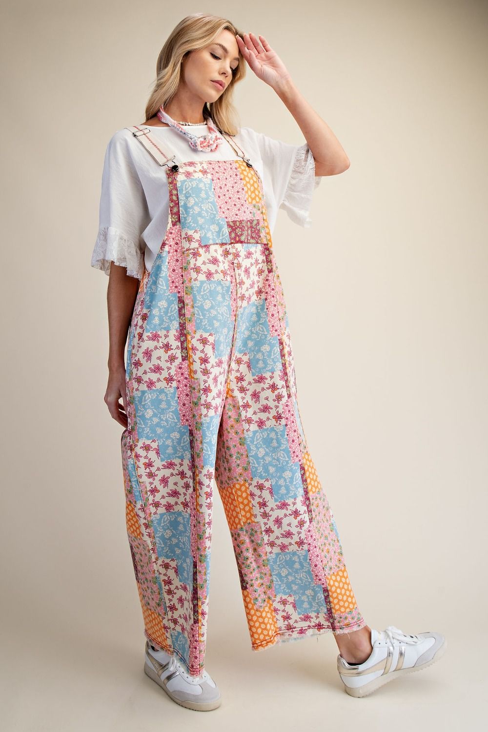 Patchwork Print Washed Overalls - Cream-Apparel-Easel-LouisGeorge Boutique, Women’s Fashion Boutique Located in Trussville, Alabama
