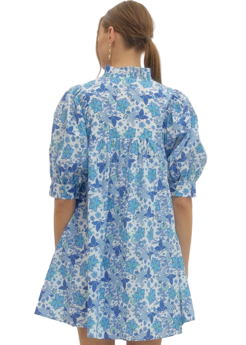 Floral Print Ruffled Collar Mini Dress - Off White/Blue - Plus & Regular-Apparel-Entro-LouisGeorge Boutique, Women’s Fashion Boutique Located in Trussville, Alabama