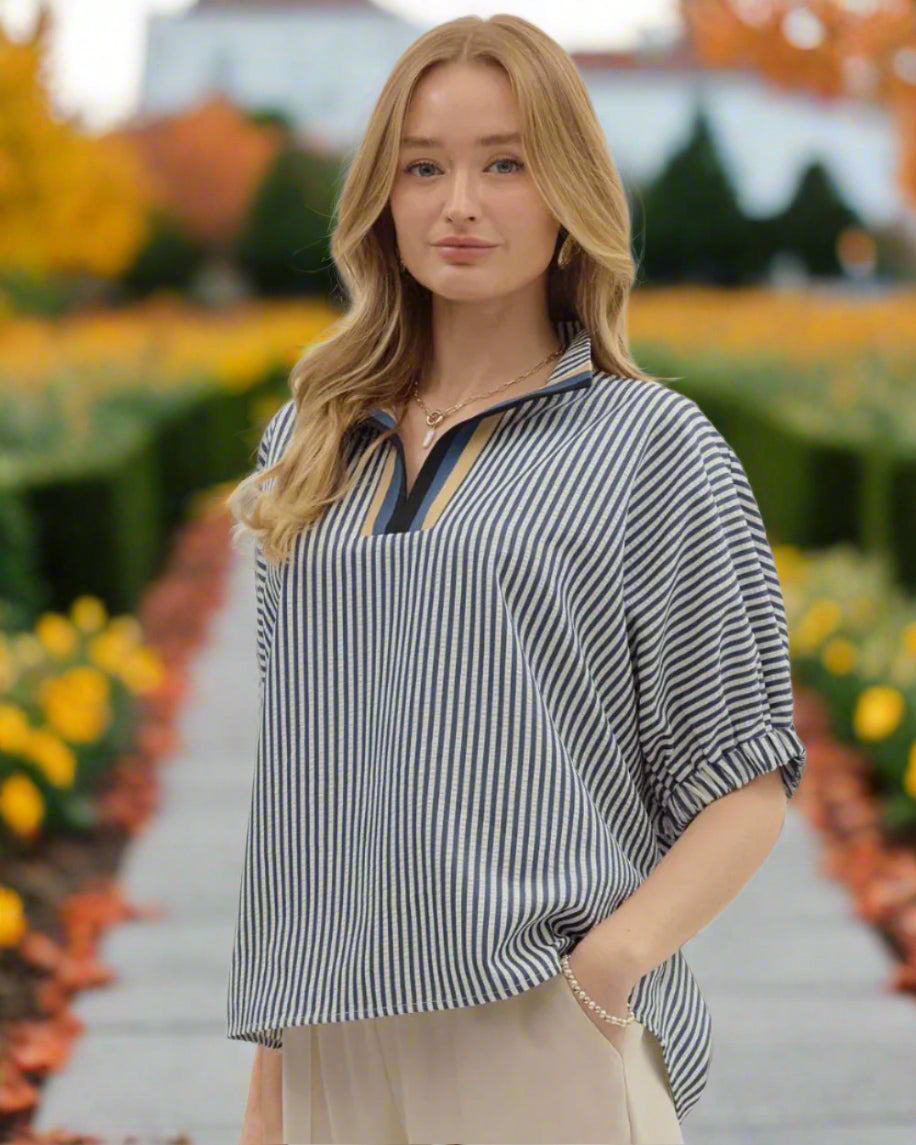 Navy Multi-Stripe Dolman Top - Plus/Regular-Apparel-Entro-LouisGeorge Boutique, Women’s Fashion Boutique Located in Trussville, Alabama