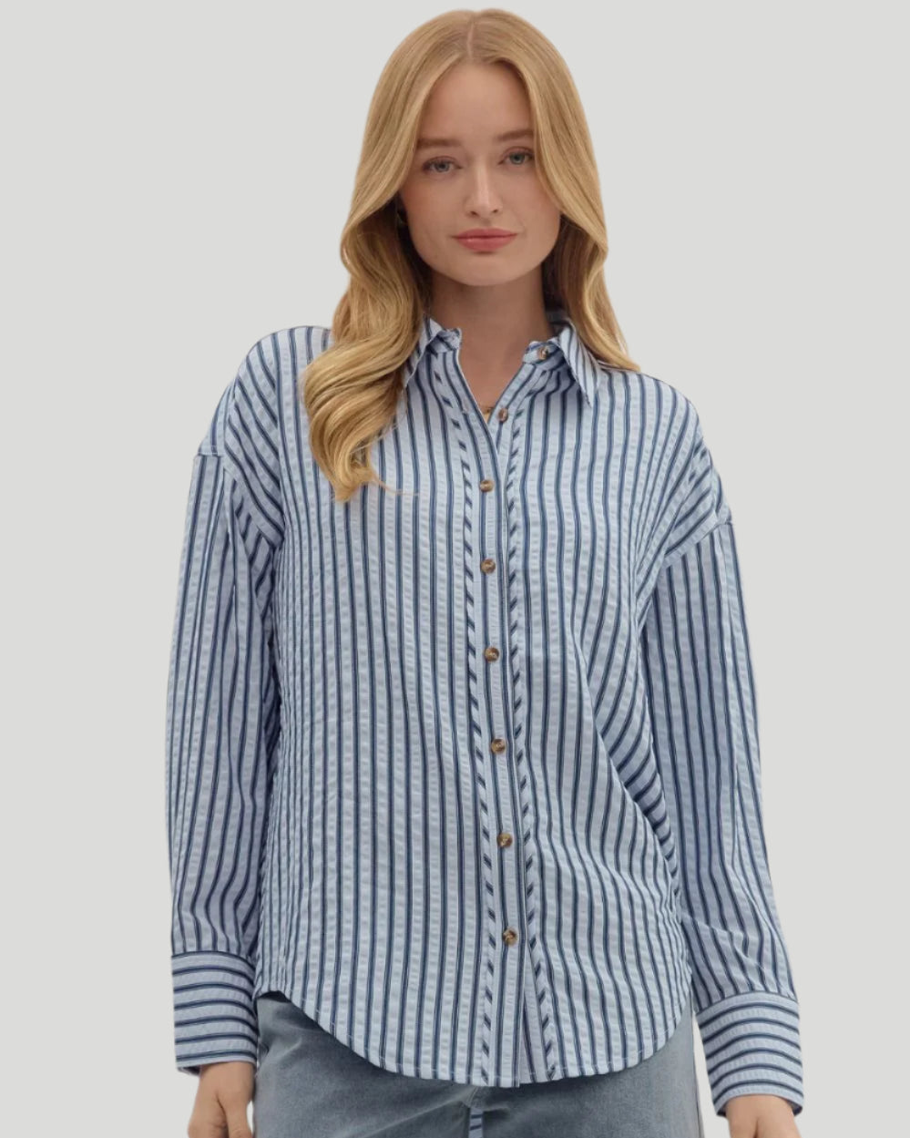 Chambray Textured Stripe Button-Down Top - Plus/Regular-Apparel-Entro-LouisGeorge Boutique, Women’s Fashion Boutique Located in Trussville, Alabama