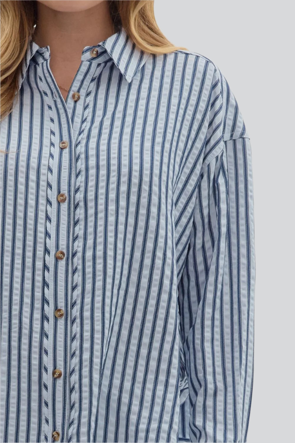 Chambray Textured Stripe Button-Down Top - Plus/Regular-Apparel-Entro-LouisGeorge Boutique, Women’s Fashion Boutique Located in Trussville, Alabama