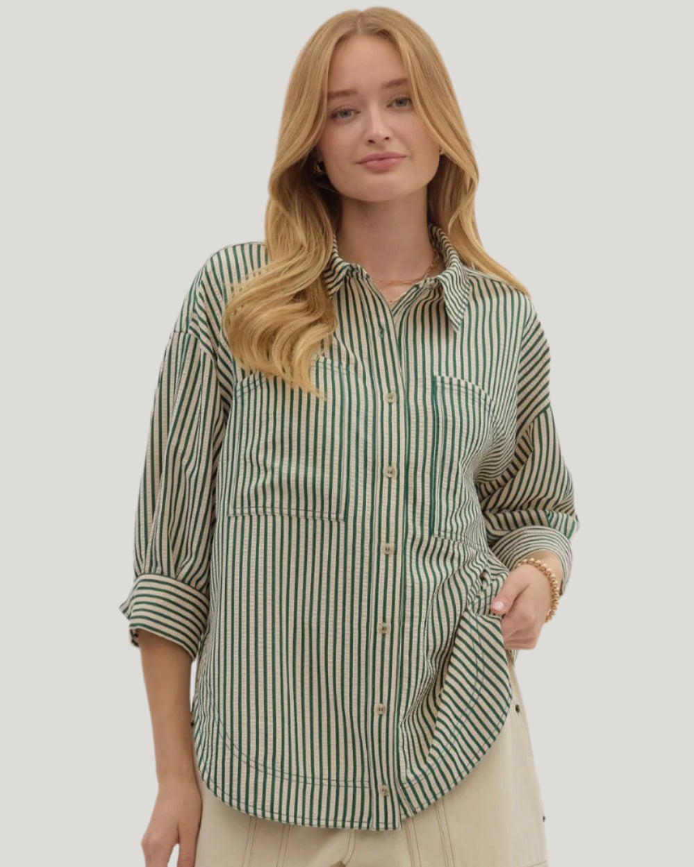 Green Striped Button-Up Top - Plus/Regular-Apparel-Entro-LouisGeorge Boutique, Women’s Fashion Boutique Located in Trussville, Alabama
