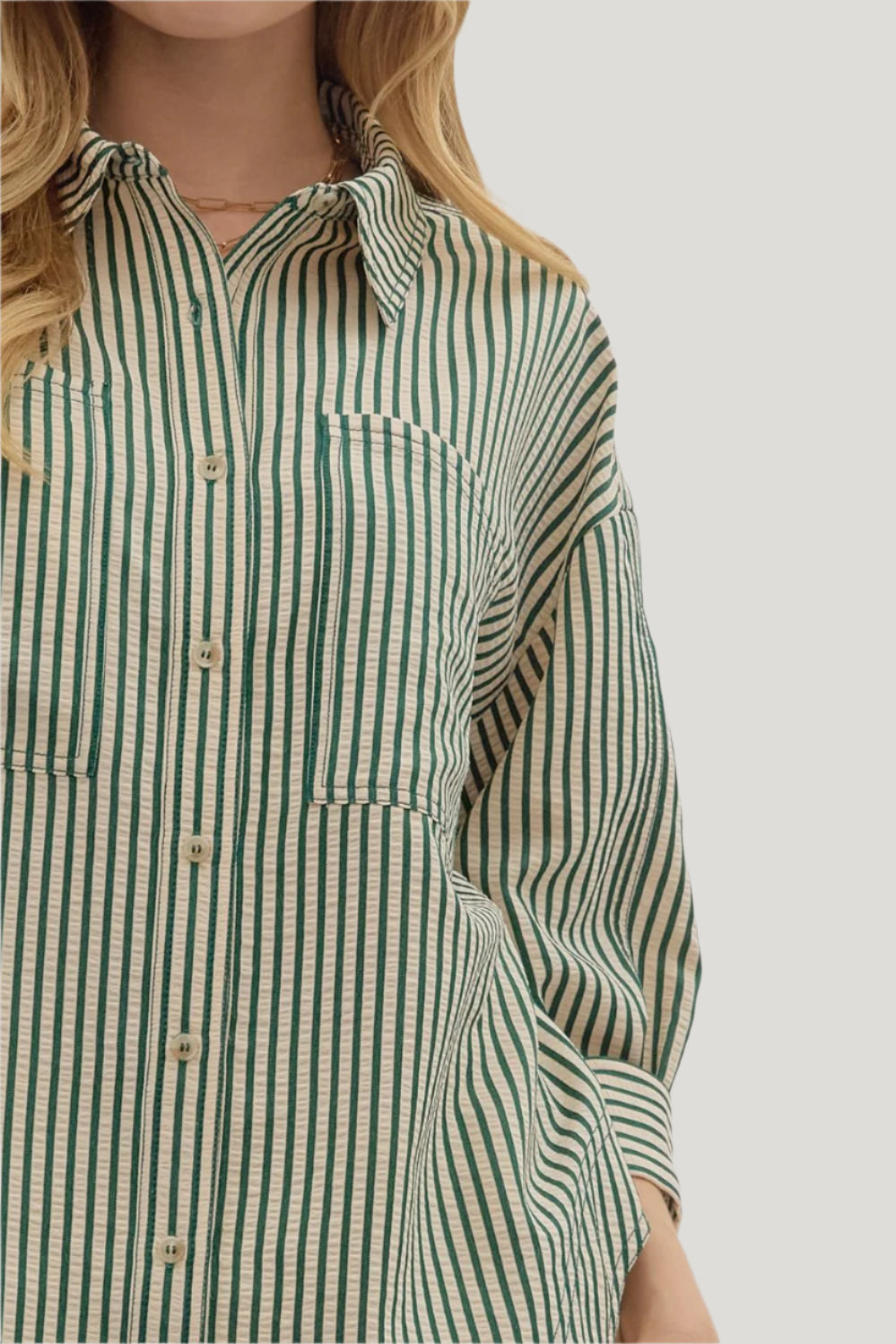 Green Striped Button-Up Top - Plus/Regular-Apparel-Entro-LouisGeorge Boutique, Women’s Fashion Boutique Located in Trussville, Alabama