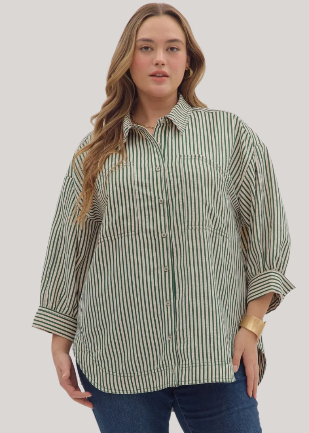 Green Striped Button-Up Top - Plus/Regular-Apparel-Entro-LouisGeorge Boutique, Women’s Fashion Boutique Located in Trussville, Alabama