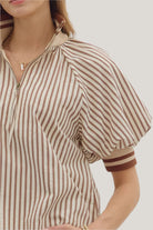 Caramel Stripe Half-Zip Top-Apparel-Entro-LouisGeorge Boutique, Women’s Fashion Boutique Located in Trussville, Alabama