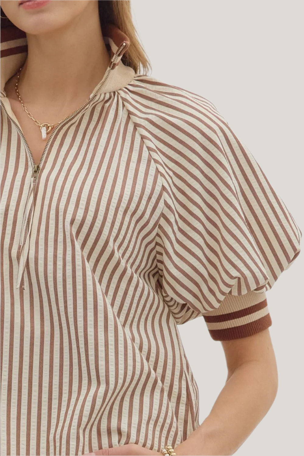 Caramel Stripe Half-Zip Top-Apparel-Entro-LouisGeorge Boutique, Women’s Fashion Boutique Located in Trussville, Alabama