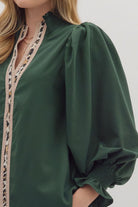 Solid Ruffled Mock Neck Leopard Print Contrast Top - Hunter Green - Plus/Regular-Apparel-Entro-LouisGeorge Boutique, Women’s Fashion Boutique Located in Trussville, Alabama