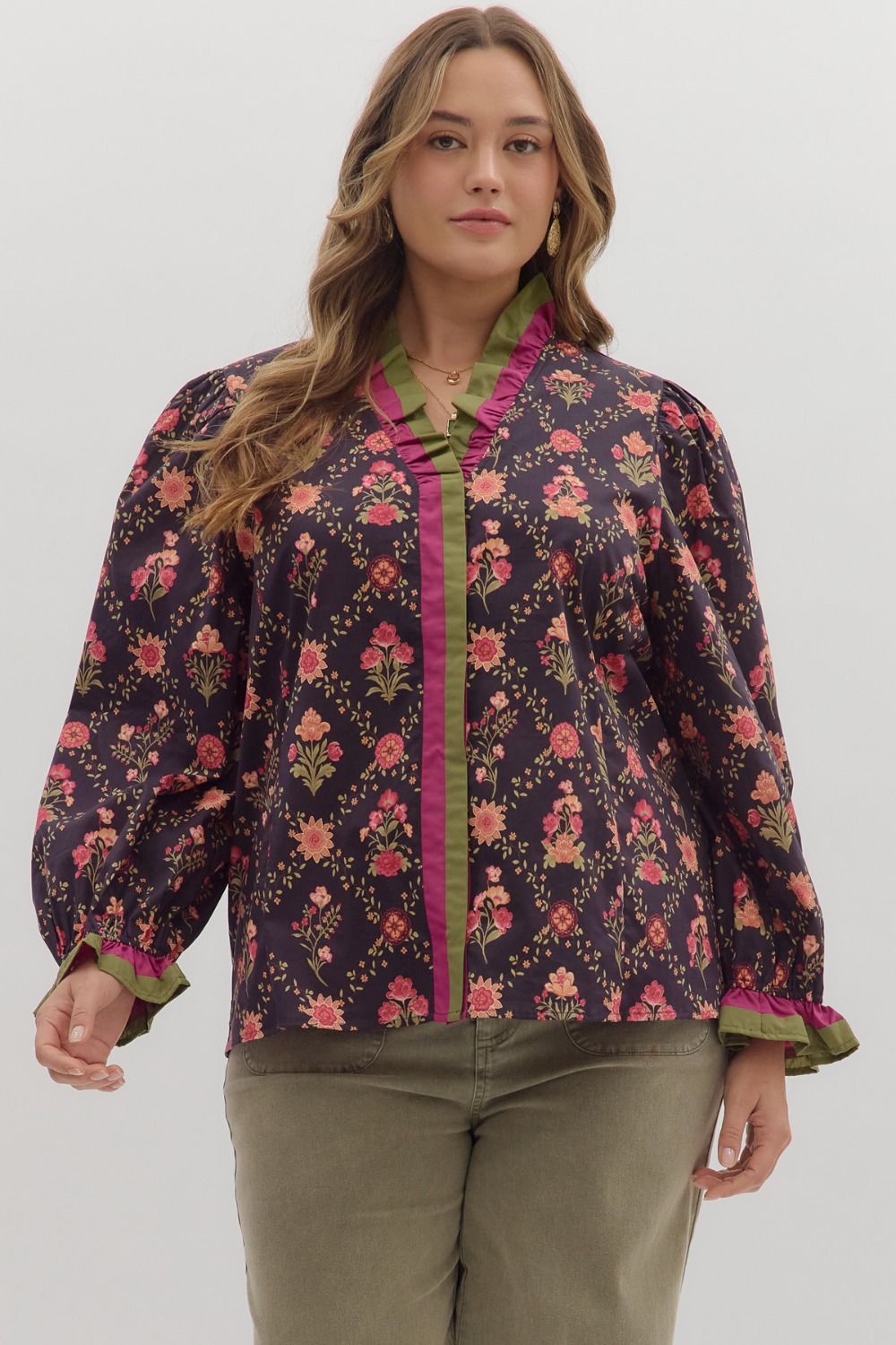 Floral Print Ruffle Trim V Neck Top - Dark Navy - Plus/Regular-Apparel-Entro-LouisGeorge Boutique, Women’s Fashion Boutique Located in Trussville, Alabama