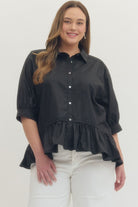 Short Sleeve Button-down Top Ruffle Hem - Black - Plus & Reg-Apparel-Entro-LouisGeorge Boutique, Women’s Fashion Boutique Located in Trussville, Alabama