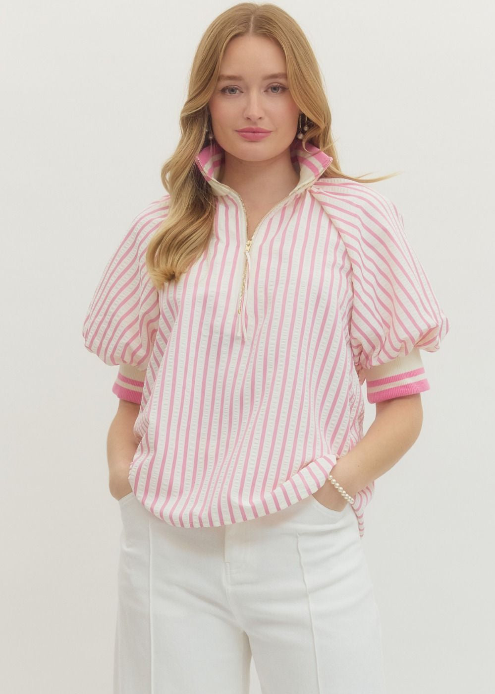 Light Pink Stripe Half-Zip Top - Plus/Reg-Apparel-Entro-LouisGeorge Boutique, Women’s Fashion Boutique Located in Trussville, Alabama