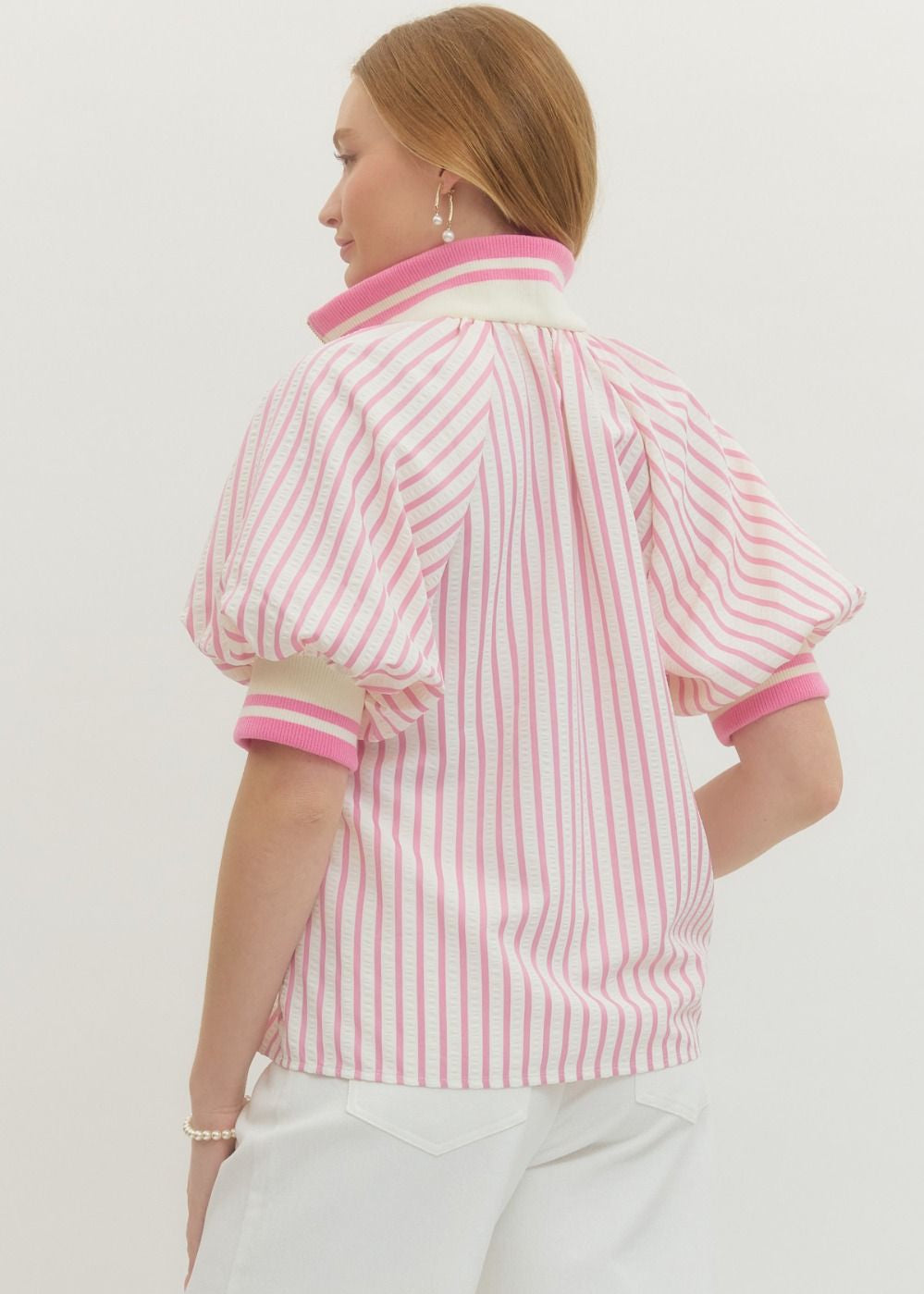Light Pink Stripe Half-Zip Top - Plus/Reg-Apparel-Entro-LouisGeorge Boutique, Women’s Fashion Boutique Located in Trussville, Alabama