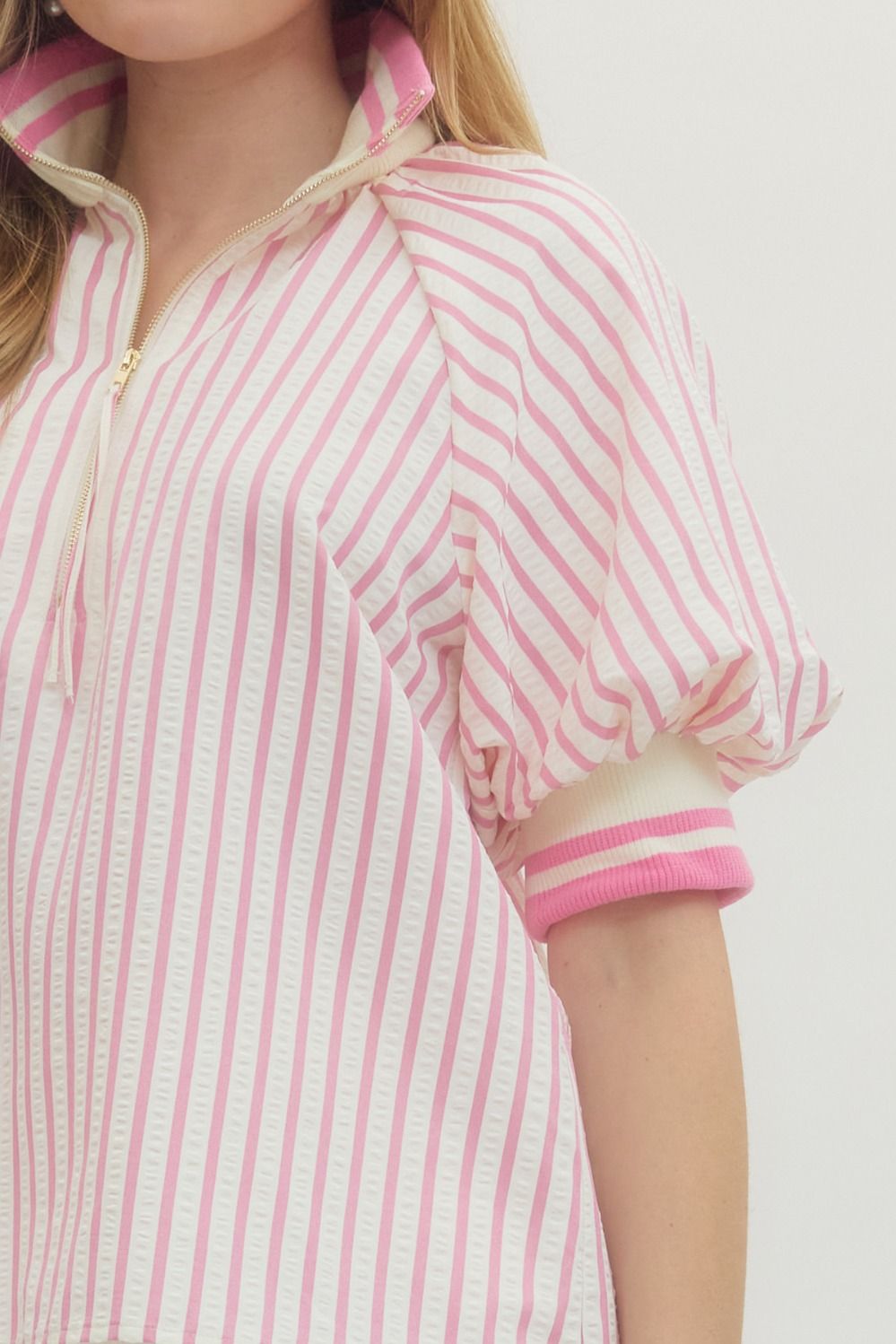 Light Pink Stripe Half-Zip Top - Plus/Reg-Apparel-Entro-LouisGeorge Boutique, Women’s Fashion Boutique Located in Trussville, Alabama