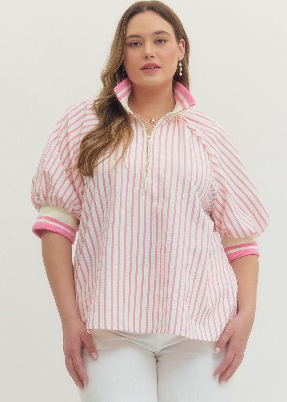 Light Pink Stripe Half-Zip Top - Plus/Reg-Apparel-Entro-LouisGeorge Boutique, Women’s Fashion Boutique Located in Trussville, Alabama