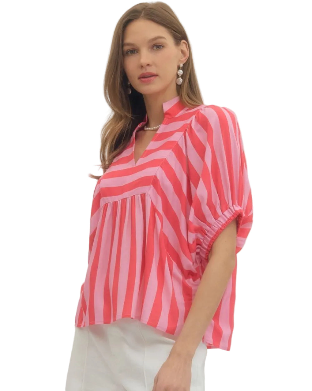 Stripe Print Short Sleeve Top - Pink - Plus & Regular-Apparel-Entro-LouisGeorge Boutique, Women’s Fashion Boutique Located in Trussville, Alabama