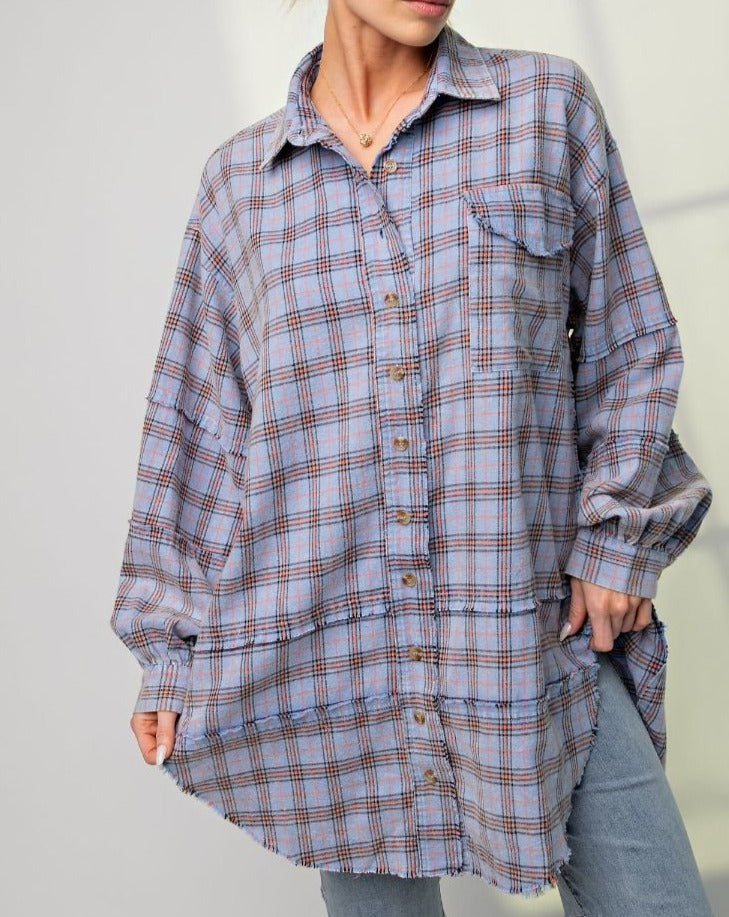 Lightweight Flannel Plaid Shirt - Plus/Regular - Peri Blue-Apparel-Easel-LouisGeorge Boutique, Women’s Fashion Boutique Located in Trussville, Alabama