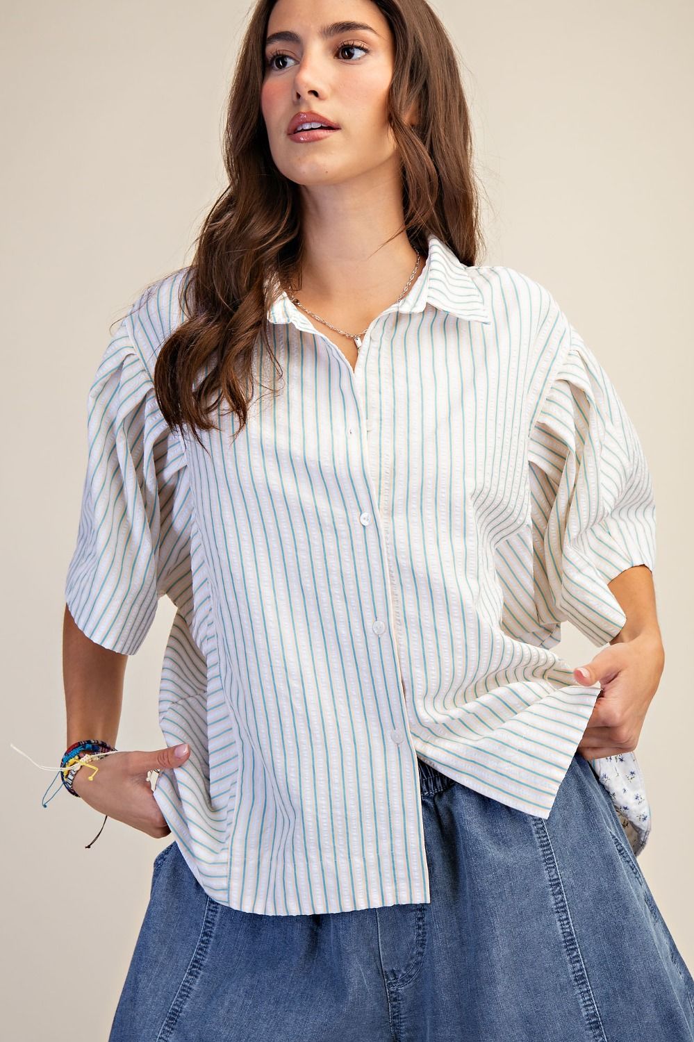 Aqua Stripe Button-down Top-Apparel-Easel-LouisGeorge Boutique, Women’s Fashion Boutique Located in Trussville, Alabama