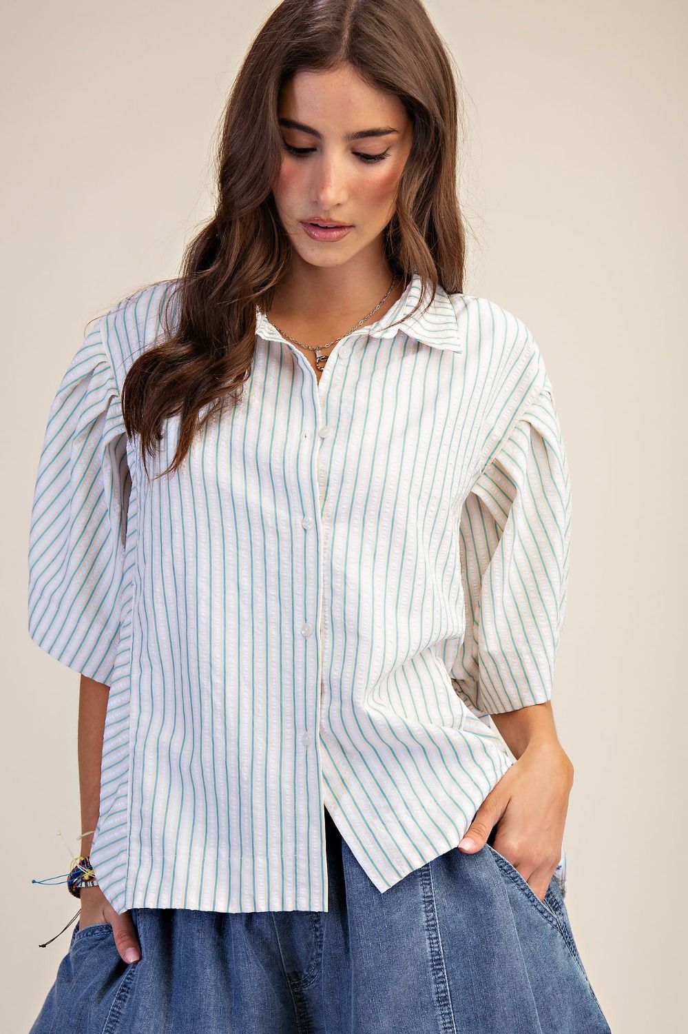 Aqua Stripe Button-down Top-Apparel-Easel-LouisGeorge Boutique, Women’s Fashion Boutique Located in Trussville, Alabama
