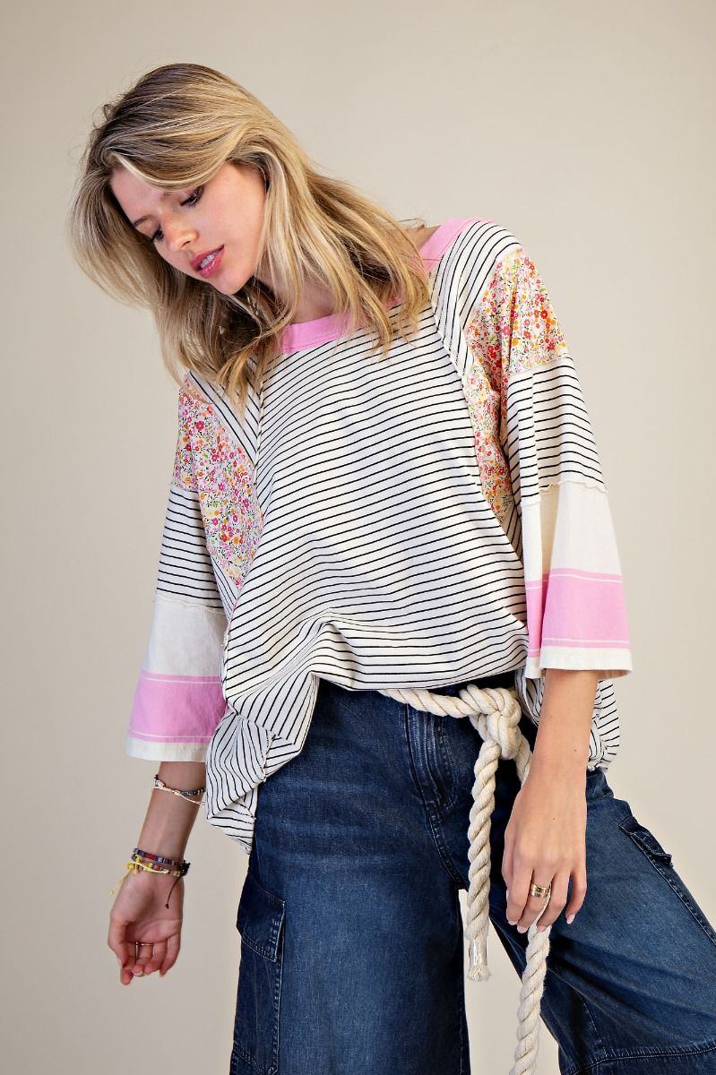 Striped Mix Print Pullover - Oat Black - Plus & Reg-Apparel-Easel-LouisGeorge Boutique, Women’s Fashion Boutique Located in Trussville, Alabama