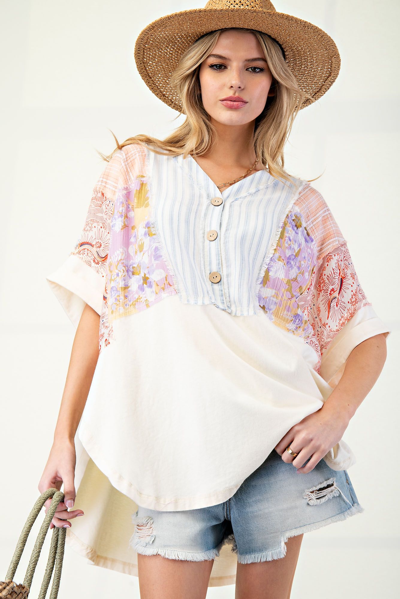 Mix Print Soft Washed Cotton Jersey Tunic by Easel - Ivory - Plus/Regular-Apparel-Easel-LouisGeorge Boutique, Women’s Fashion Boutique Located in Trussville, Alabama