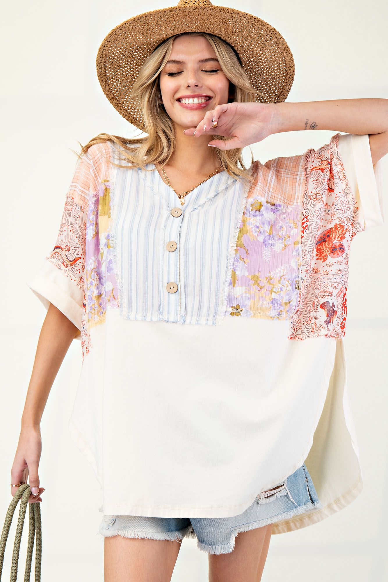 Mix Print Soft Washed Cotton Jersey Tunic by Easel - Ivory - Plus/Regular-Apparel-Easel-LouisGeorge Boutique, Women’s Fashion Boutique Located in Trussville, Alabama