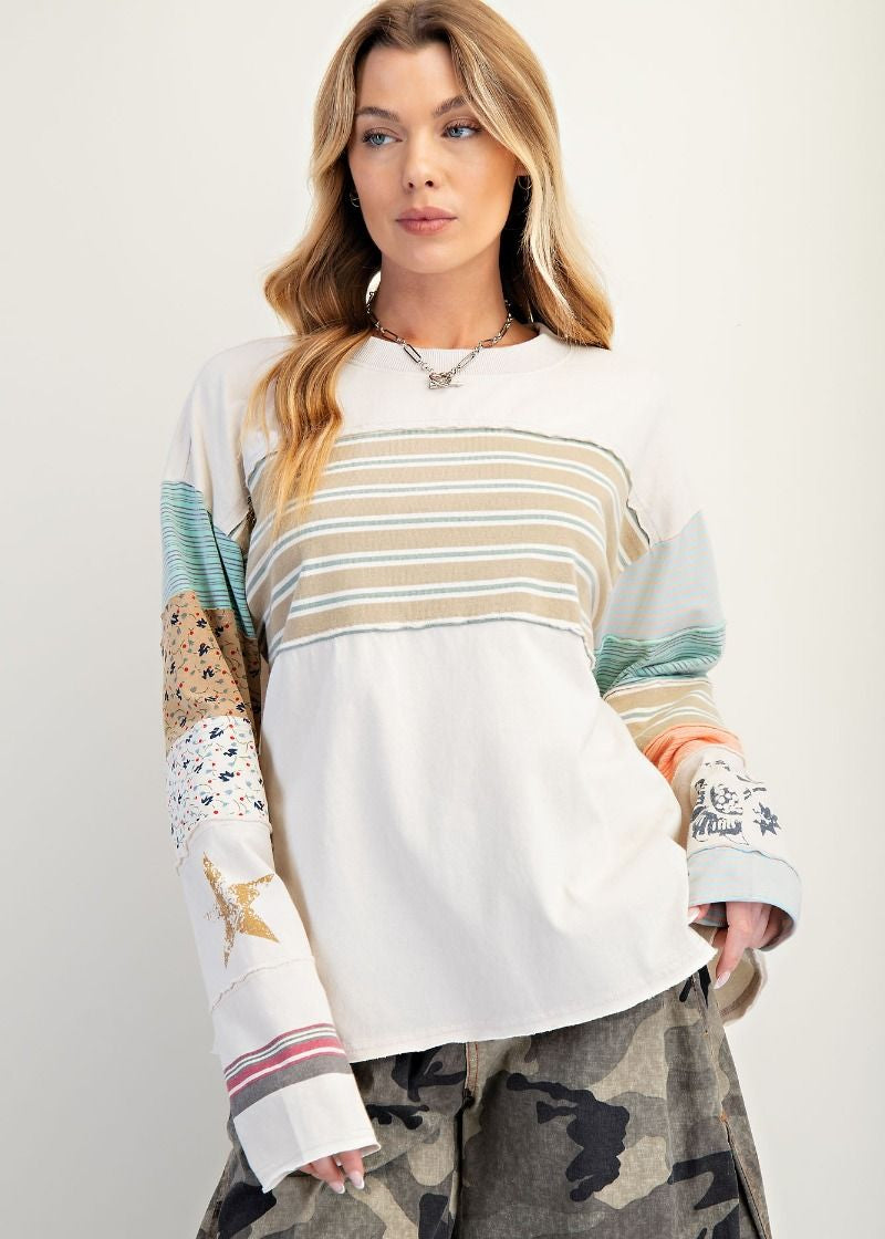 Stripe Mix Patchwork Pullover - Ecru - Plus/Regular-Apparel-Easel-LouisGeorge Boutique, Women’s Fashion Boutique Located in Trussville, Alabama