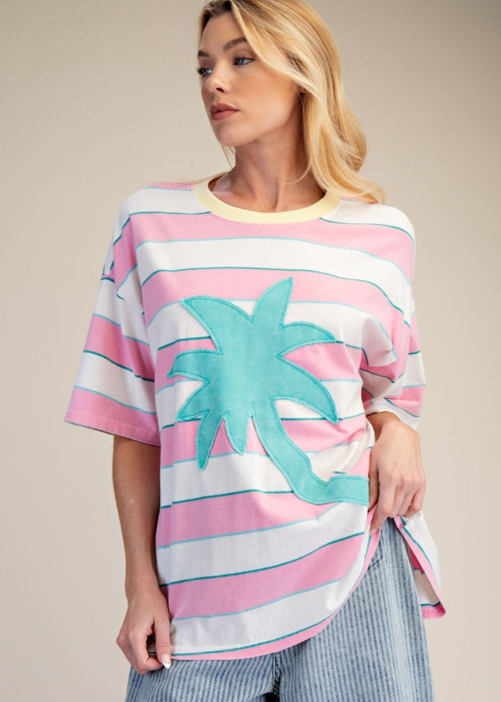 Palm Tree Patch Front Stripe Mineral Washed Tee - Candy Pink-Apparel-Easel-LouisGeorge Boutique, Women’s Fashion Boutique Located in Trussville, Alabama