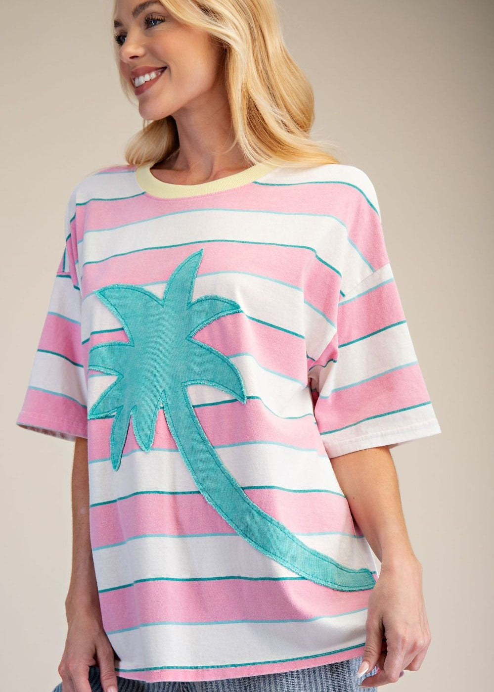 Palm Tree Patch Front Stripe Mineral Washed Tee - Candy Pink-Apparel-Easel-LouisGeorge Boutique, Women’s Fashion Boutique Located in Trussville, Alabama