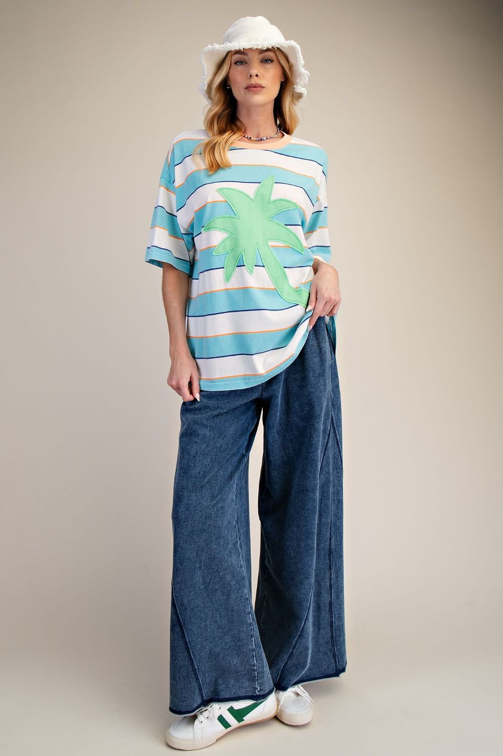 Palm Tree Patch Front Stripe Mineral Washed Tee - Turquois Blue-Apparel-Easel-LouisGeorge Boutique, Women’s Fashion Boutique Located in Trussville, Alabama