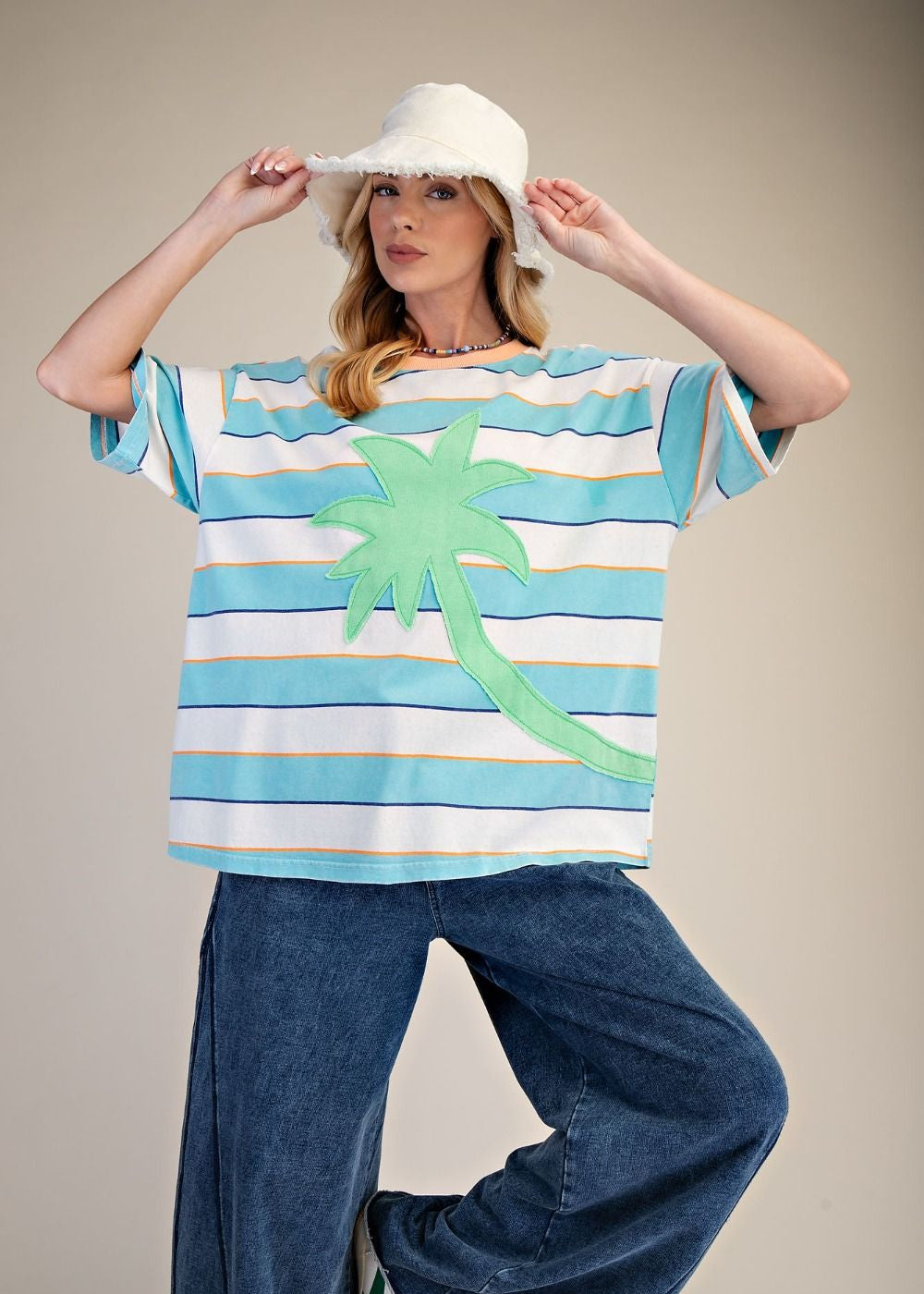 Palm Tree Patch Front Stripe Mineral Washed Tee - Turquois Blue-Apparel-Easel-LouisGeorge Boutique, Women’s Fashion Boutique Located in Trussville, Alabama