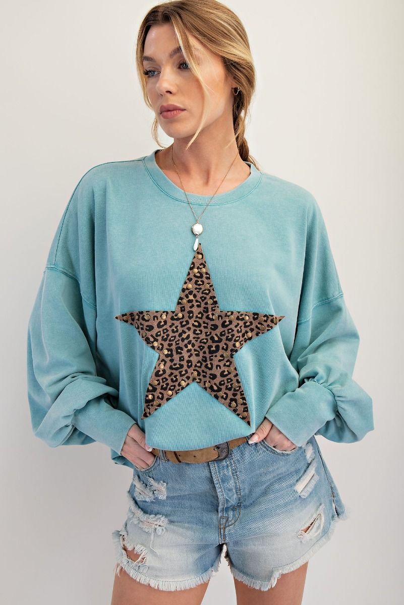 Leopard Star Patch Mineral Washed Knit Top - Faded Teal - Plus/Regular-Apparel-Easel-LouisGeorge Boutique, Women’s Fashion Boutique Located in Trussville, Alabama