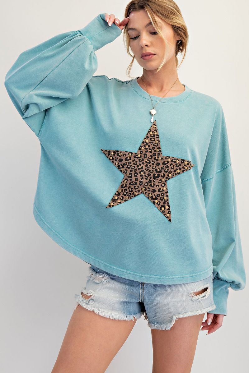 Leopard Star Patch Mineral Washed Knit Top - Faded Teal - Plus/Regular-Apparel-Easel-LouisGeorge Boutique, Women’s Fashion Boutique Located in Trussville, Alabama