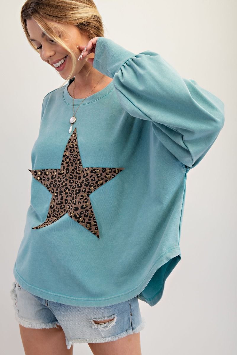 Leopard Star Patch Mineral Washed Knit Top - Faded Teal - Plus/Regular-Apparel-Easel-LouisGeorge Boutique, Women’s Fashion Boutique Located in Trussville, Alabama