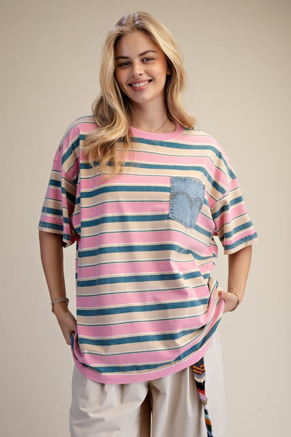 Short Sleeve Stripe Knit Top - Pink/Teal-Apparel-Easel-LouisGeorge Boutique, Women’s Fashion Boutique Located in Trussville, Alabama